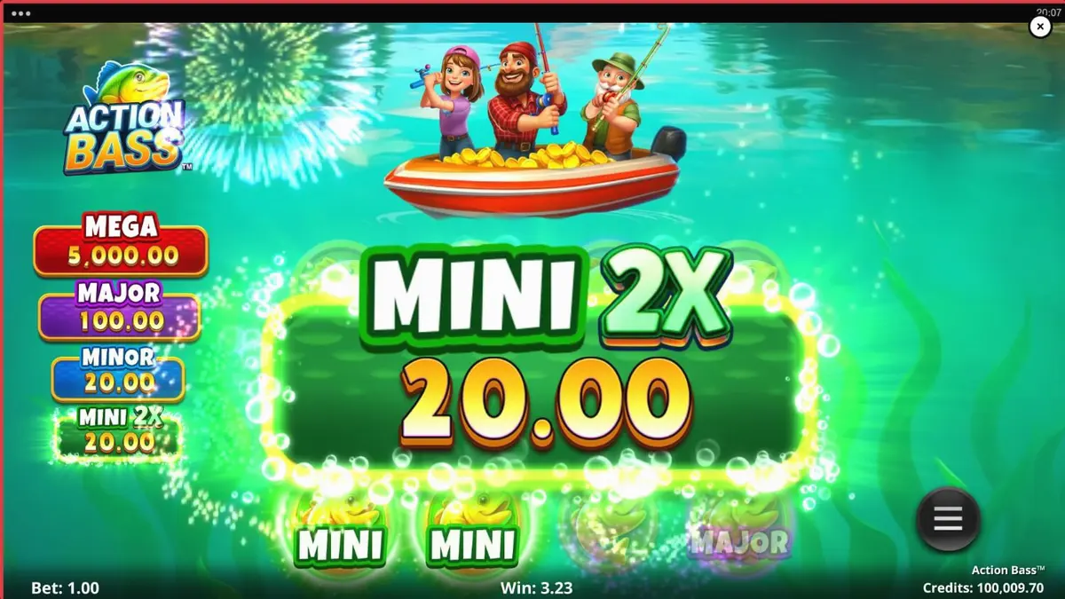 Tampilan visual slot Action Bass dengan latar belakang danau dan peralatan memancing.