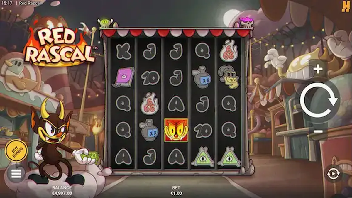 Red Rascal slot game screen featuring the main character and amusement park theme